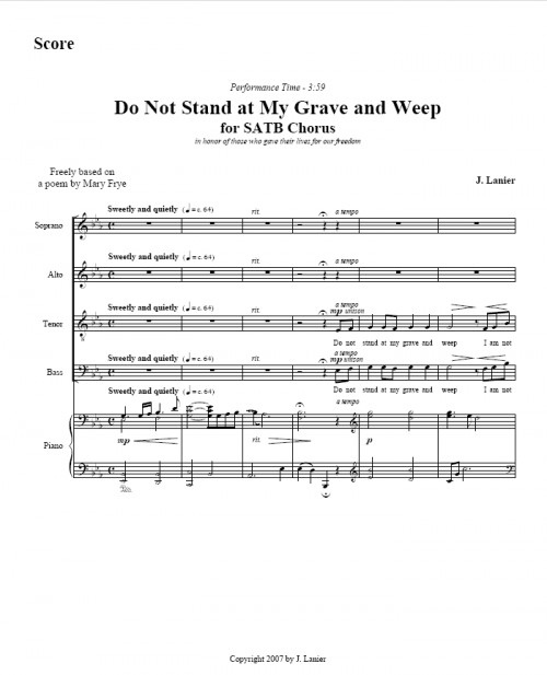 Do Not Stand at My Grave and Weep for SATB Chorus and Piano